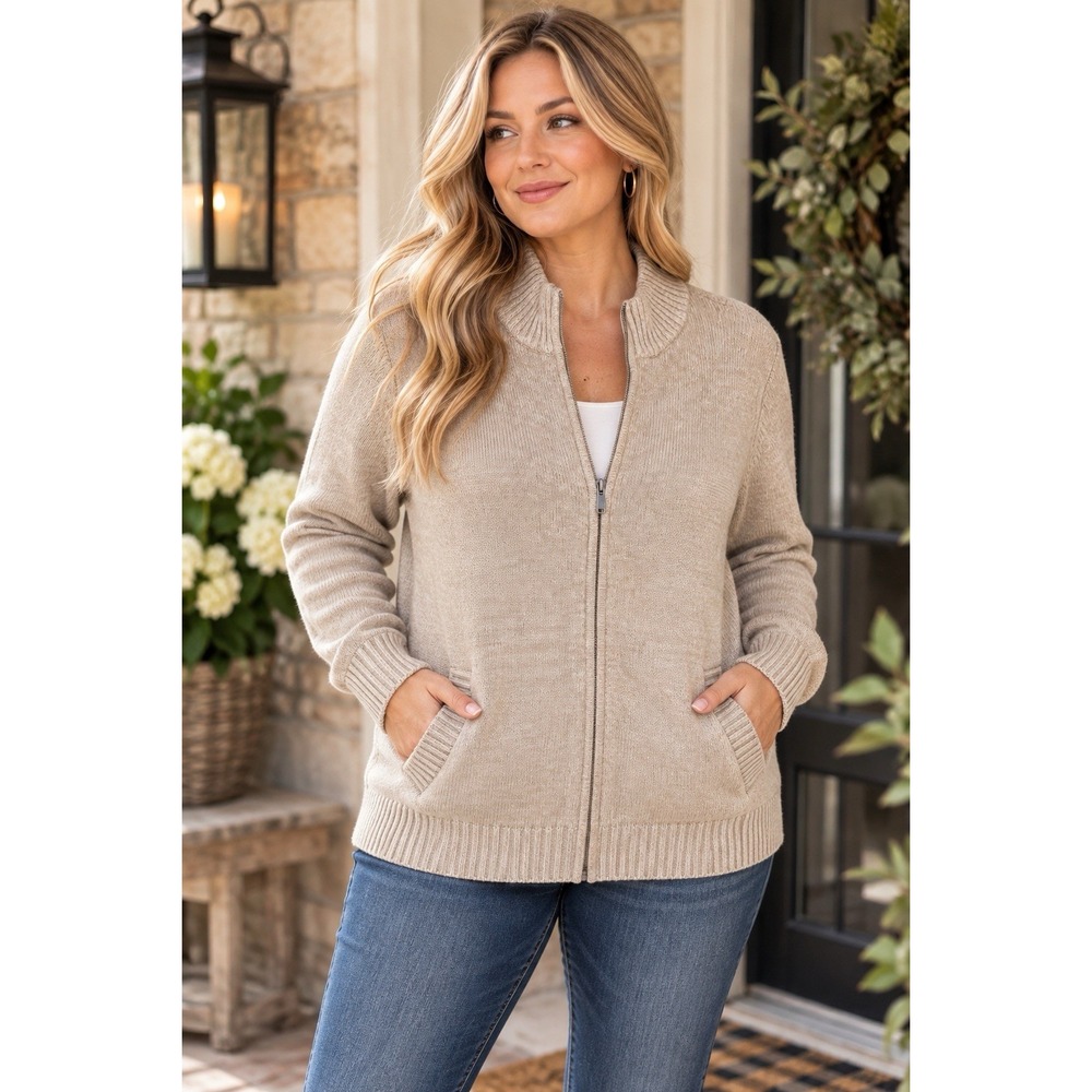 Appleseed's Womens Cardigan Sweater 2X Plus Beige Cotton Full Zip Mock Neck
